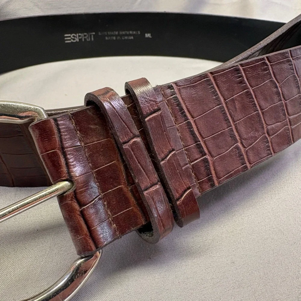 Esprit Womens Dark Brown Croc Embossed Faux Leather Belt‎ Silver Buckle Size ML